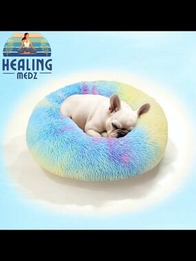 Rainbow Dog & Cat Bed 20in Calming Donut Bed for Puppy and Kitten, 